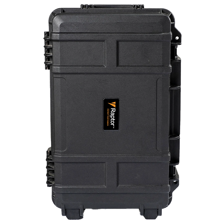 Black hard-shell travel case with Raptor Logo
