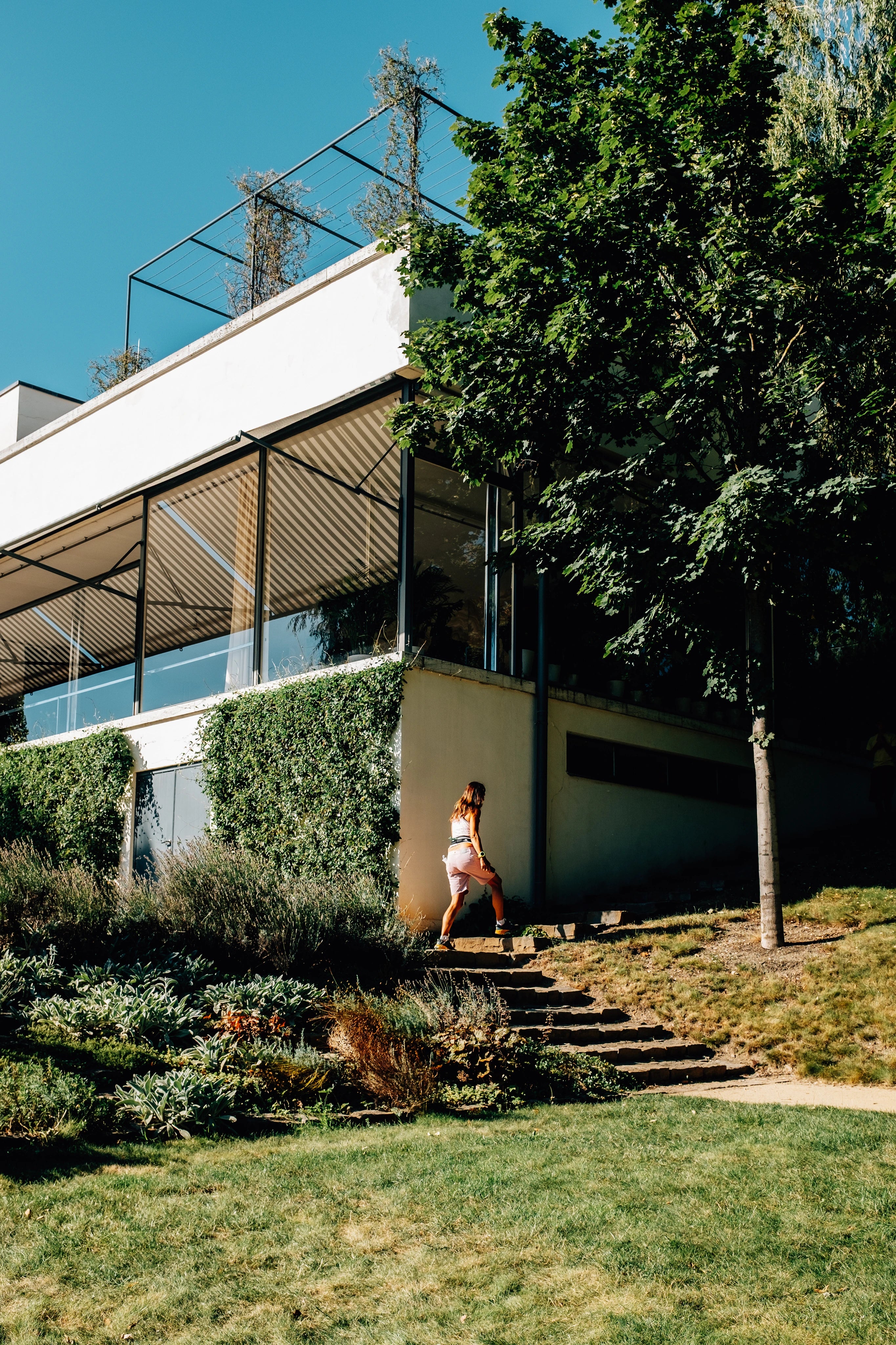 Woman walking up steps to a modern building with greenery around
