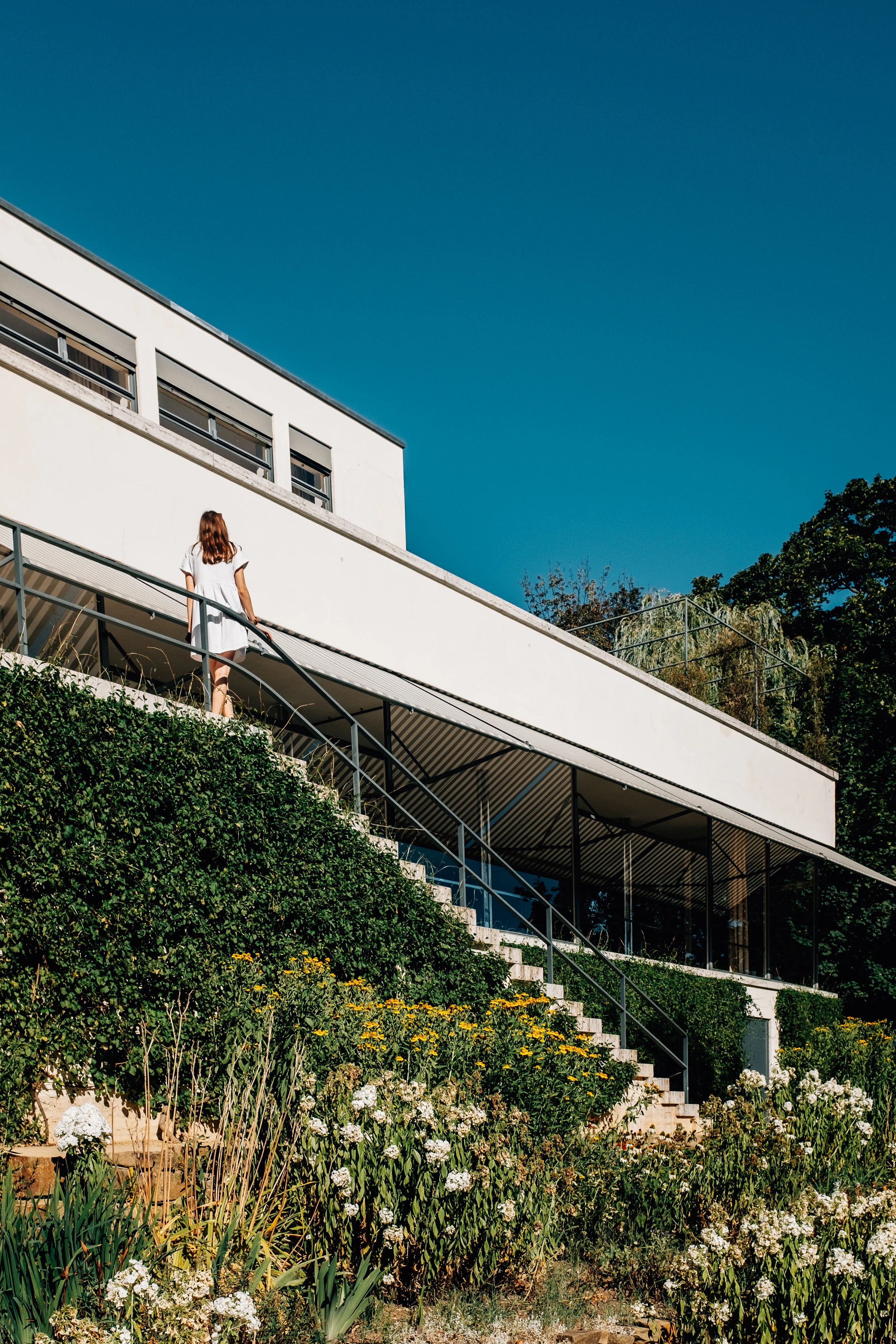 Woman standing on a staircase leading to a modern white building with greenery and flowers around.
