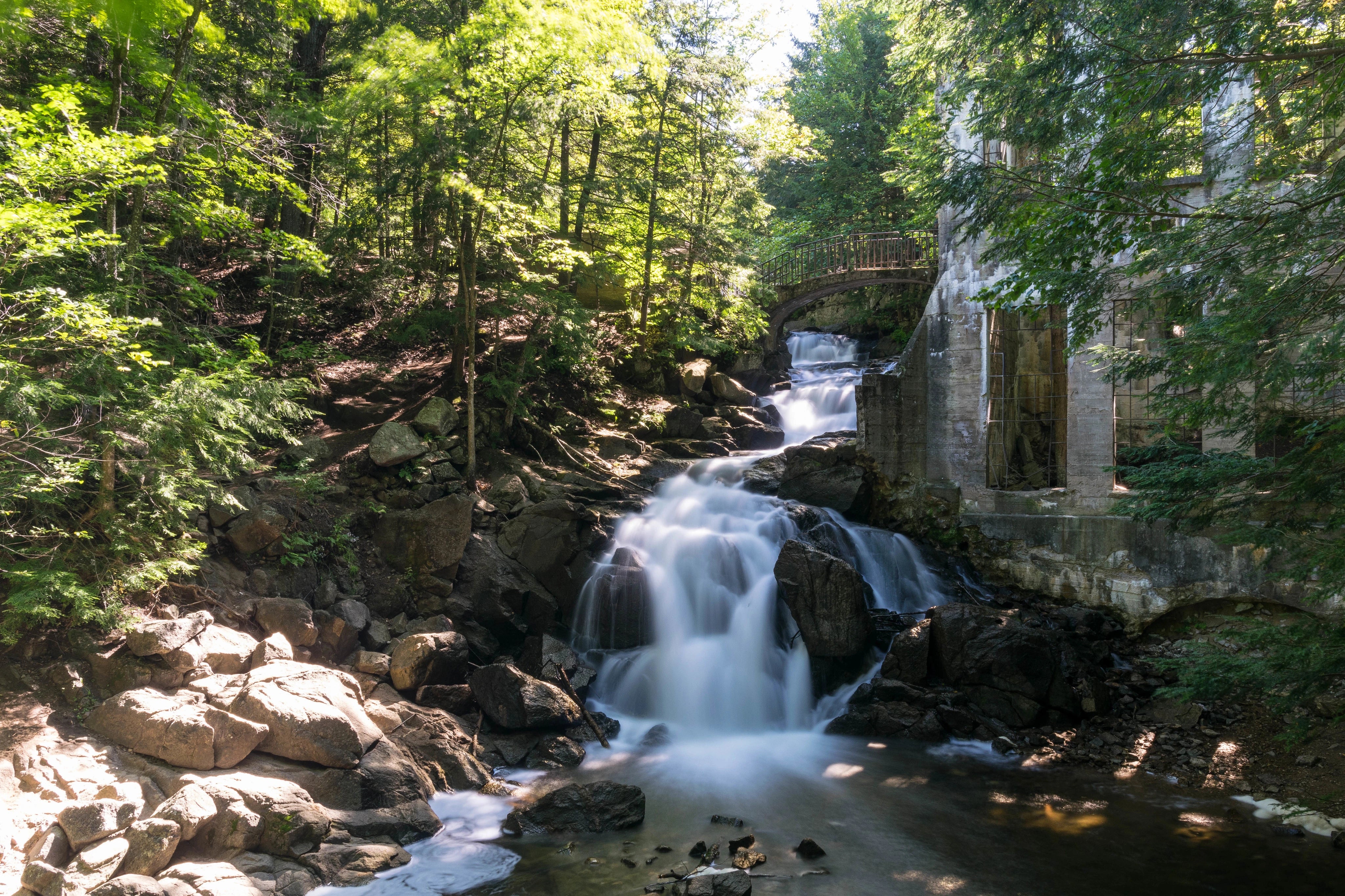Waterfall flowing through a forest with a stone structure.