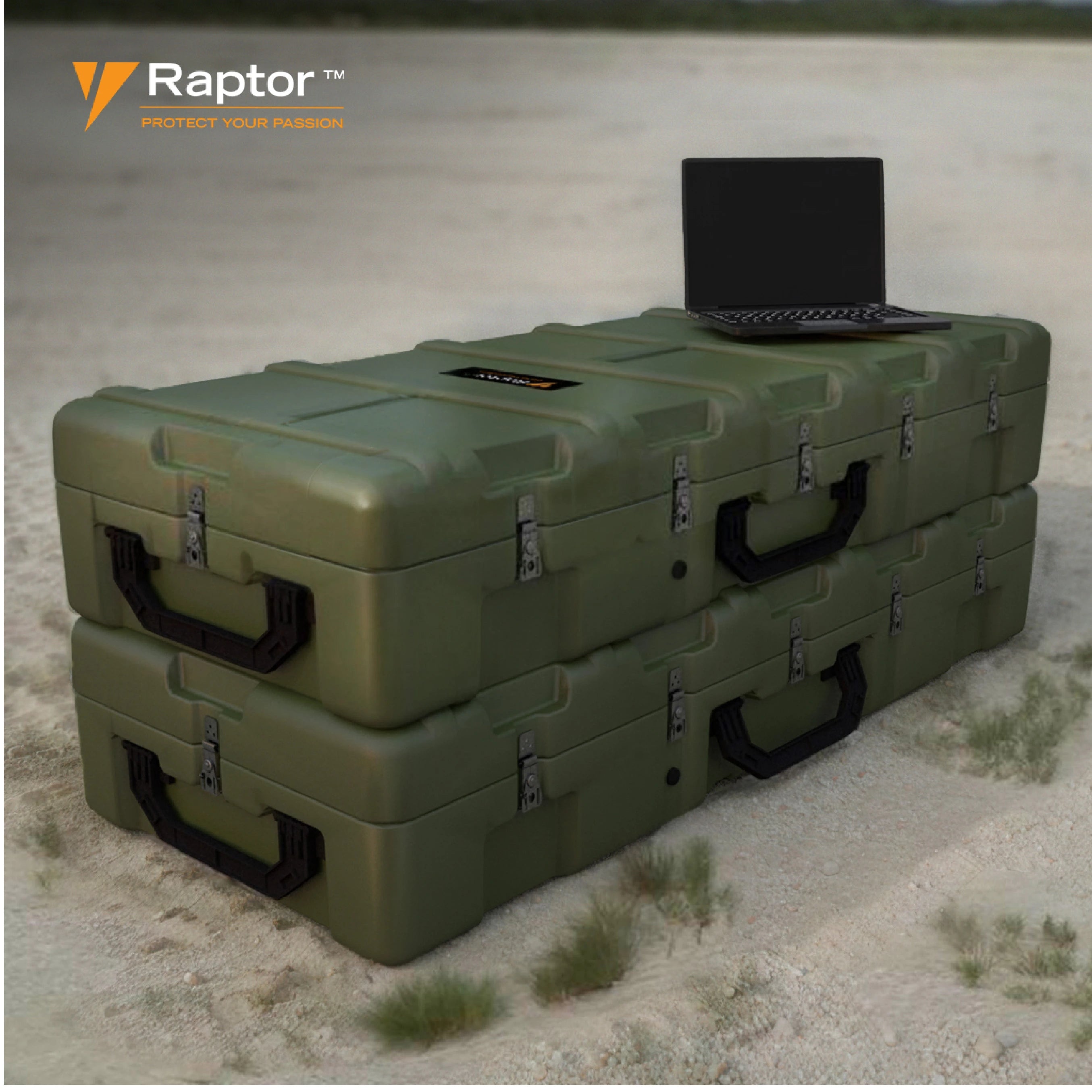 Stack of Raptor Atlas 257L with laptop on top