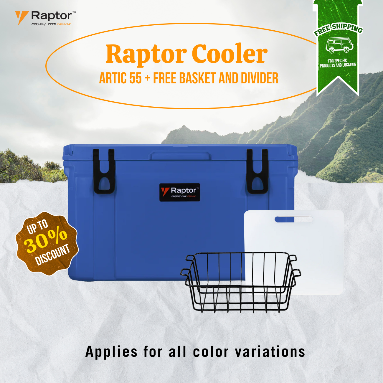 Raptor Cooler Arctic 55 + Free Basket and Divider Bundle